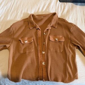 Cropped Brown Waffle Knit Button-Up Shirt